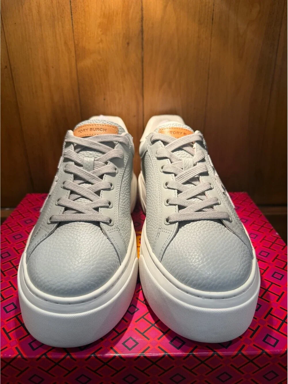 New Tory Burch Platform Sneakers in Light Gray Leather Women's Size 8